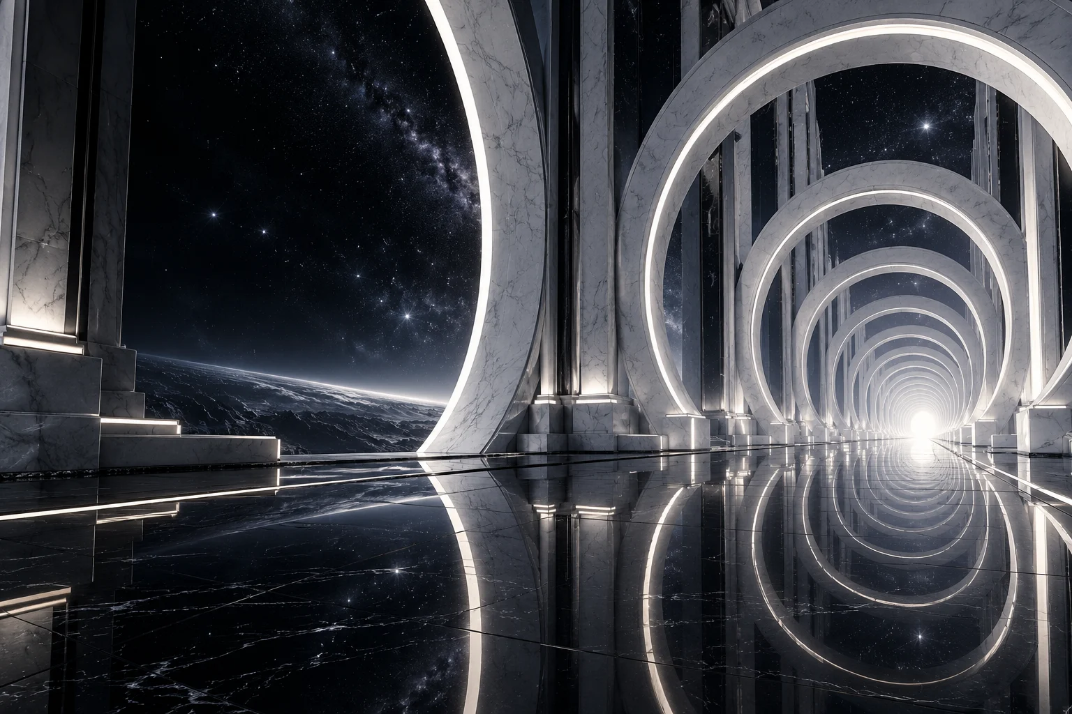 Conceptual white architectural arches receding into a dramatic illuminated space